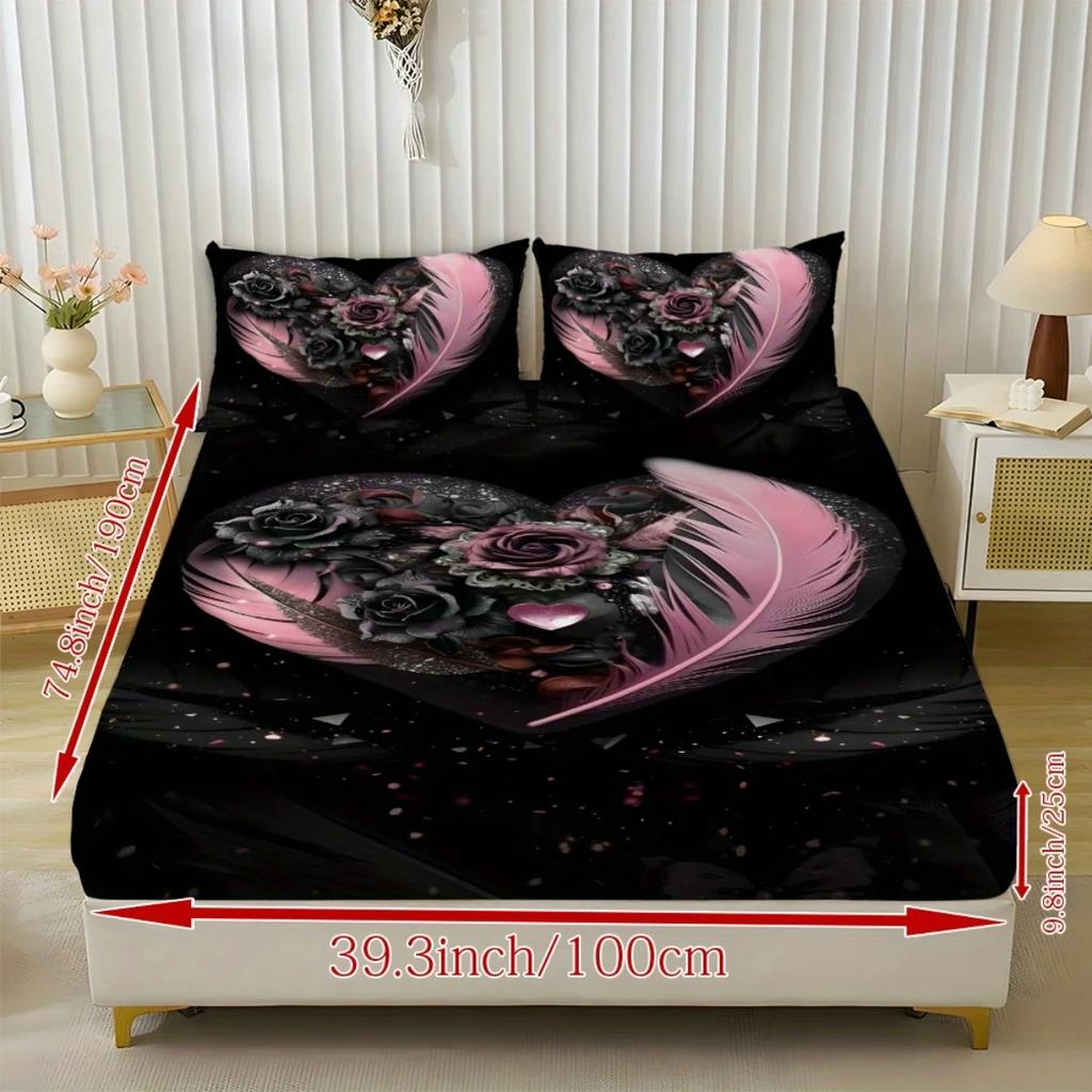 1pc Fitted Sheet Set Black Pink Feather Rose 3D Print 100% Polyester Cover Breathable Bedding Set Home Decor without Pillowcase
