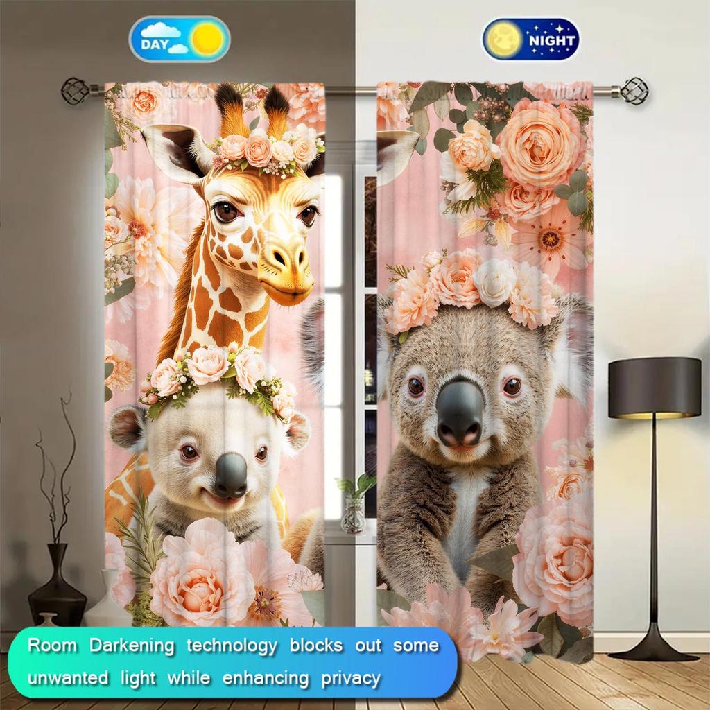 2 Panels Warm and Lovely Koala Giraffe Pattern Curtains   Shade and Privacy Protection   Suitable for Decorating Various Rooms