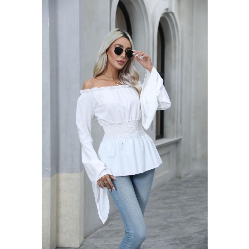 Módní Elegantní Dámská Blůza s Odkrytými Rameny Dlouhý Rukáv Plisovaná Slim Fit Elastický Pás Košile Kancelářský Streetwear Ležérní Jednoduché Sladké Jednobarevné Topy