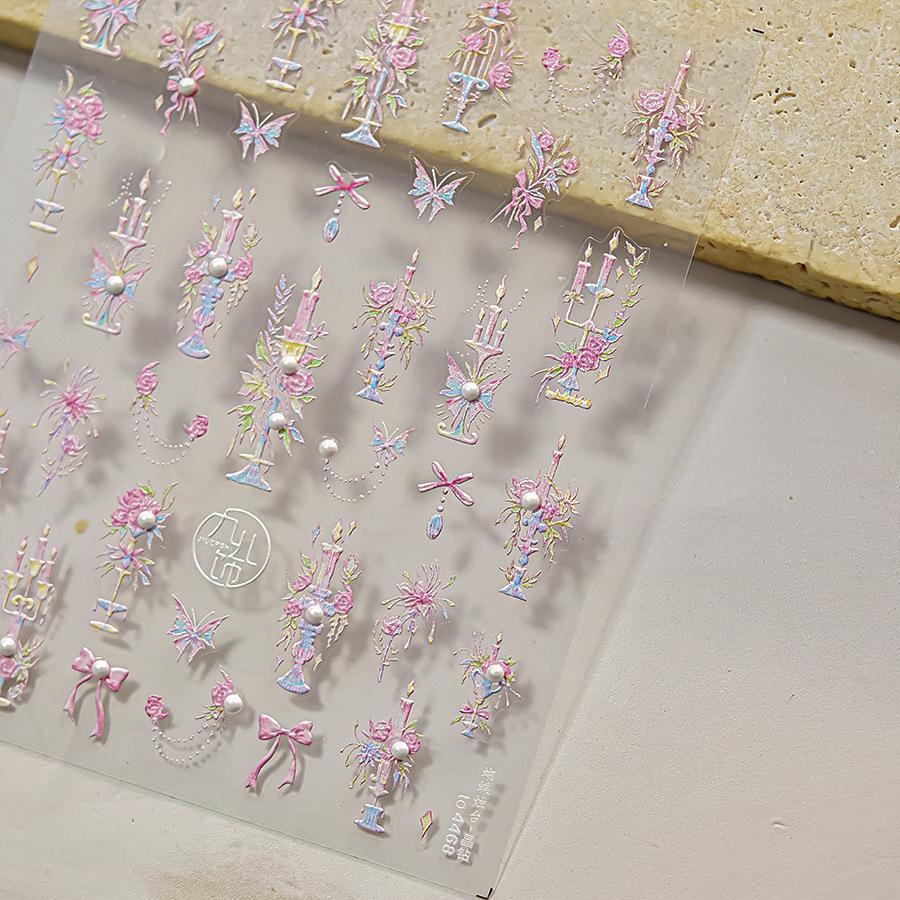 Gradient White Pink Butterfly Flower Shiny Stars Chic Spring Petal 5D Soft Adhesive Nail Art Stickers Decorations Manicure Decal