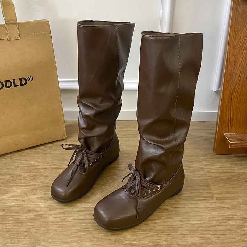 Cowhide version thick-soled thick-heeled inner heightened stacking boots women's new square-head trouser boots western knight boots