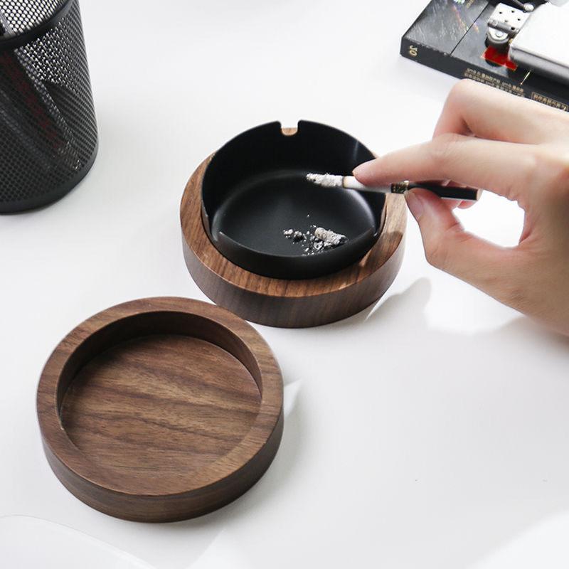 With Stainless Steel Liner Walnut Wood Ashtrays Indoor Walnut Wood With Lid Fly Ash Ashtray Ash Tray Living Room