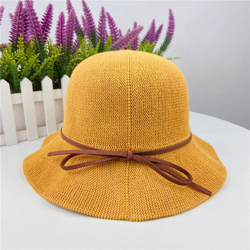 Bow wavy edge knitted bucket hat female tide brand casual versatile adjustable basin hat shows small face