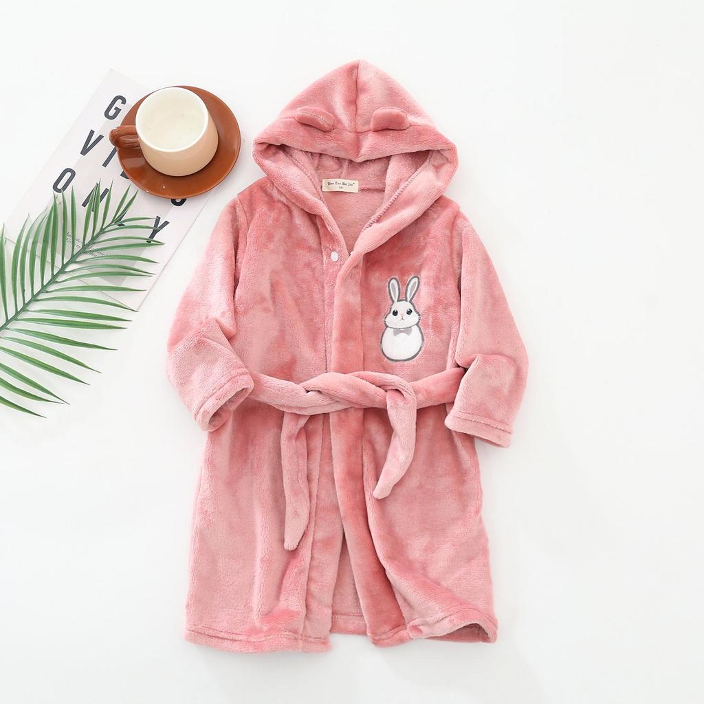 2025 Korean Flannel Kids' Embroidered White Rabbit Hooded Bathrobe
