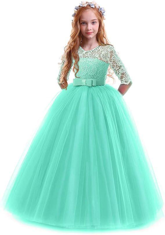 Girls Long Sleeve Flower Girl Wedding Dress Princess Gown
