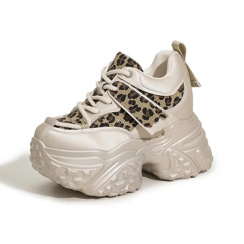 Fashion Women Casual Platform Sneakers 10CM High Heels 2025 New Spring Sport Leather Shoes Bling Trainers Chunky Sneakers Zapatos Mujer