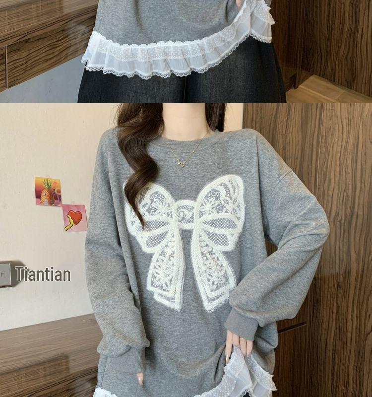 Plus Size Crocheted Lace Round Neck Slimming Long Sleeve Women's Autumn/Winter Bow Loose Mid-Length Top