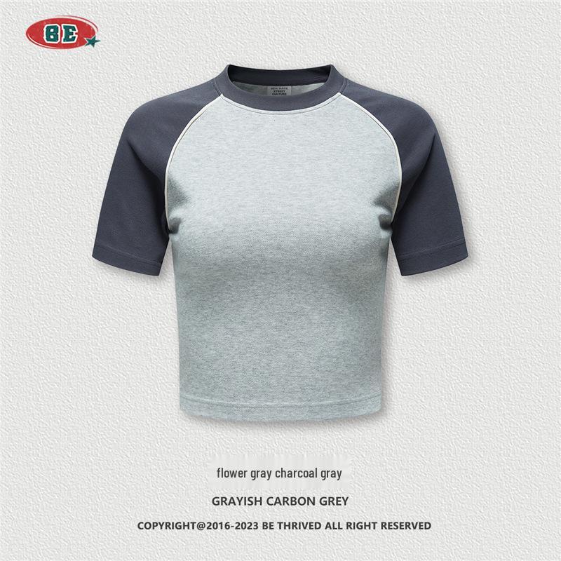 

Women s 2025 Spring/Summer Retro Color Block Raglan Sleeve Crew Neck T-shirt Large