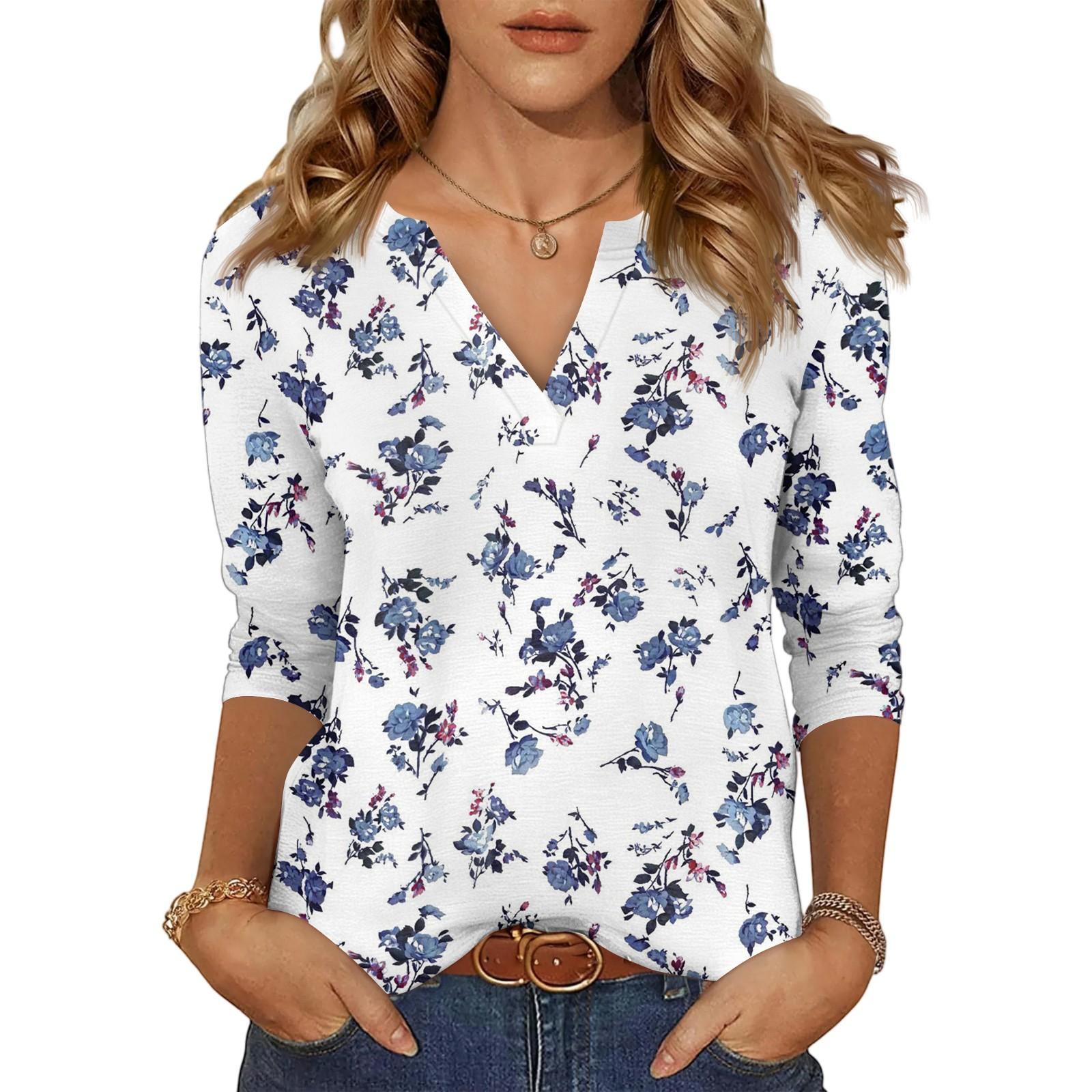 

Women s Casual Fashion Sexy Comfortable V-Neck Floral Seven Sleeve Top XXL