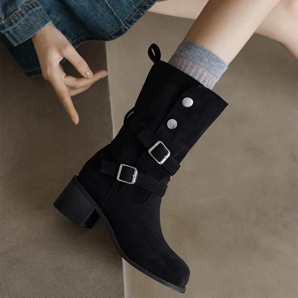 Mărimea 42 Cataramă de curea de modă Cizme vintage până la mijlocul gambei Femei Toamnă Tocuri groase Cizme cowboy western Femeie Botine cavaler din piele PU