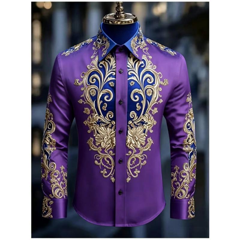 Men's Luxury Long Sleeved Shirt, Baroque Gold Floral 3D Printed Shirt, Casual and Comfortable, Men's Formal Dress Shirt
