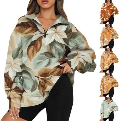 Women's Fashion Casual Long Sleeve  Printed Zipper Turtleneck Drop Shoulder Sweatshirt Top