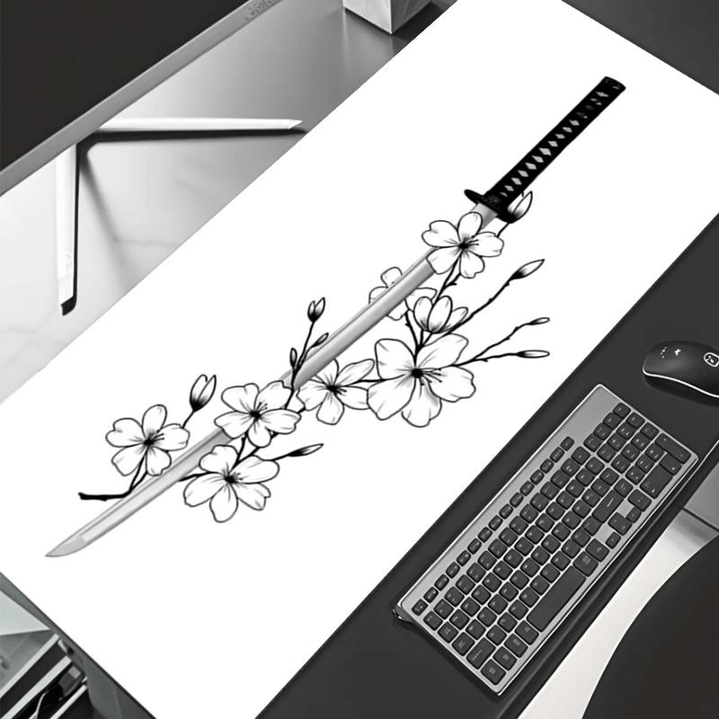White Flower Samurai Sword Pattern XXL Gaming Mouse Pad Computer Accessories Rubber Keyboard Mat Laptop NonSlip Desk Mat 400X800X2MM