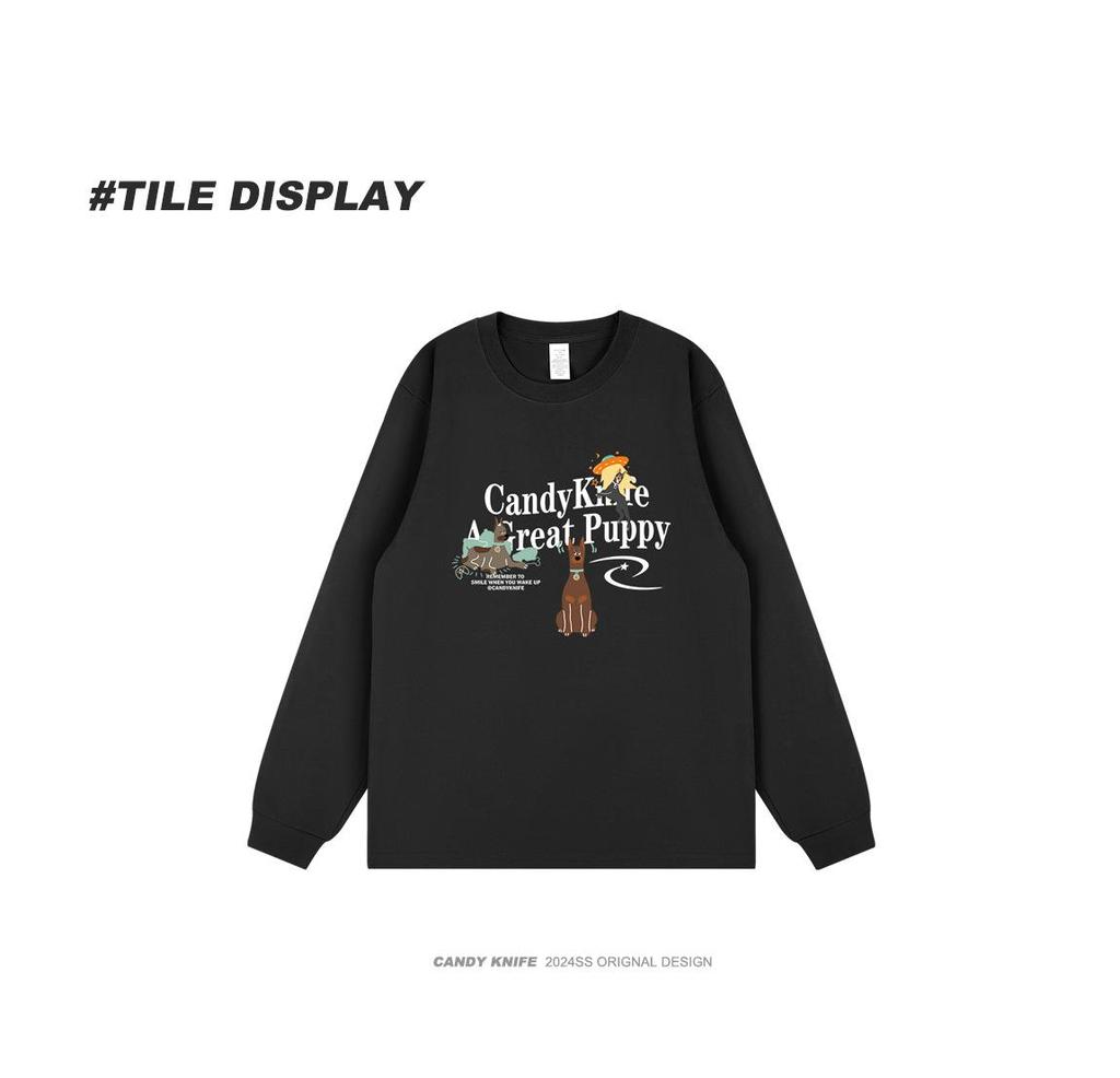 INS Trendy Retro Cartoon Dog Print Cotton Long Sleeve Couple T-shirt