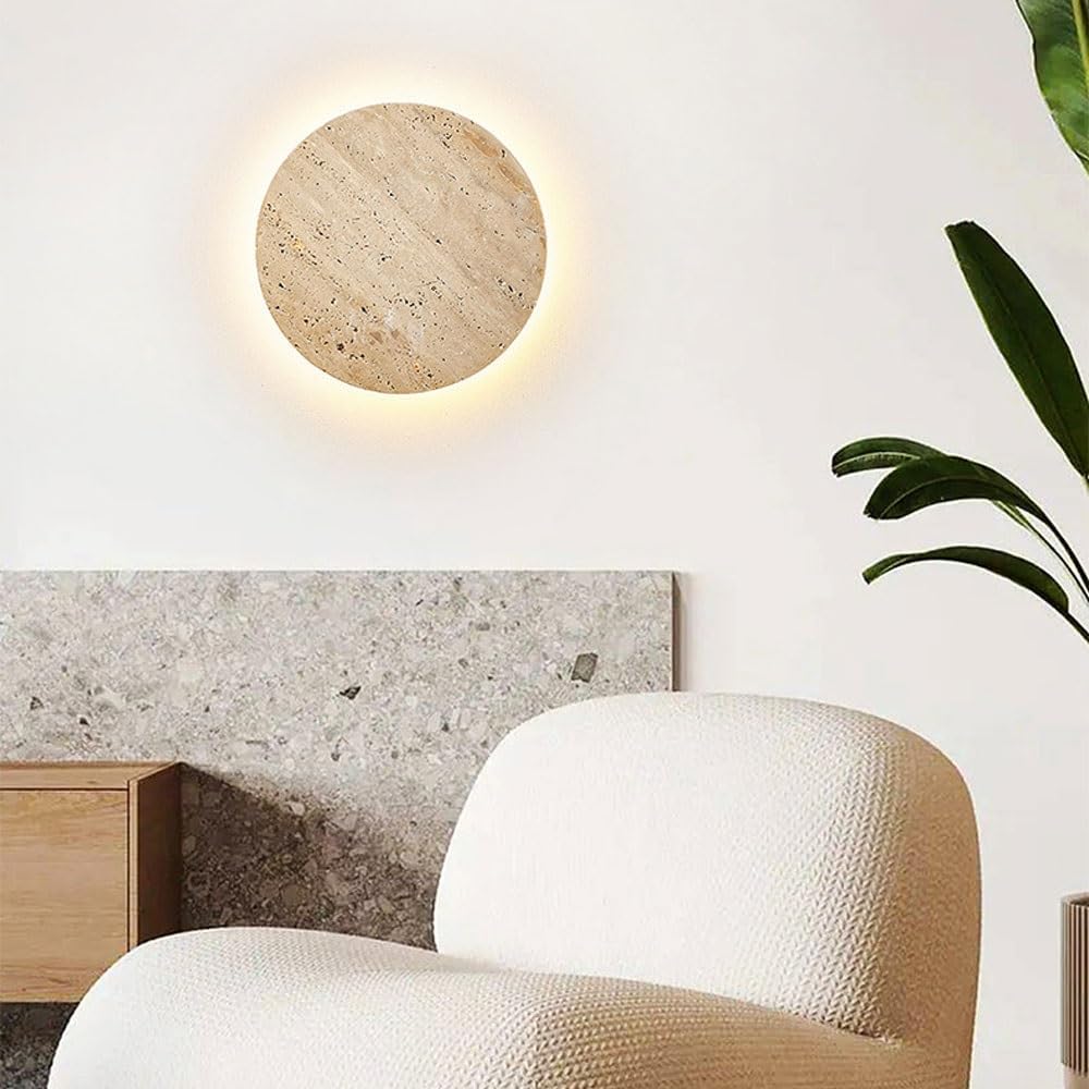 Modern Round Travertine Wall Sconce, Natural Stone Wall Light Fixture, LED Wall Lamp with Warm White Glow, Indoor Wall Lighting for Bedroom, Living