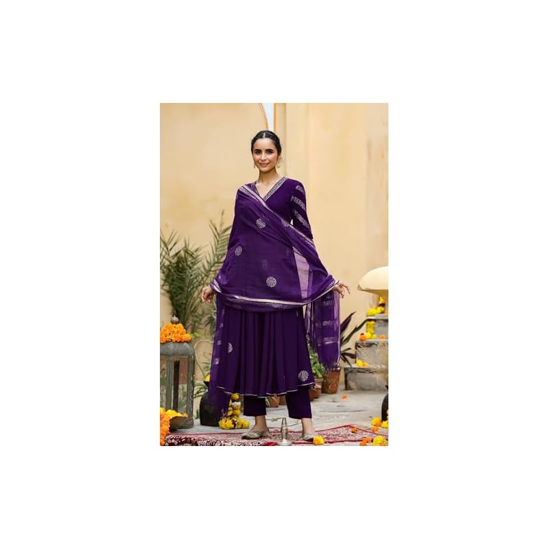 GoSriKi Women s Rayon Blend Anarkali Printed Kurta with Pant & Dupatta (Berlin BEGANI-GS_M_Begani_Medium) S