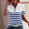 Women's Blue and White Horizontal Striped Short Sleeve Polo Shirt with Zipper Collar Blue Cuff Trim GOLF Print