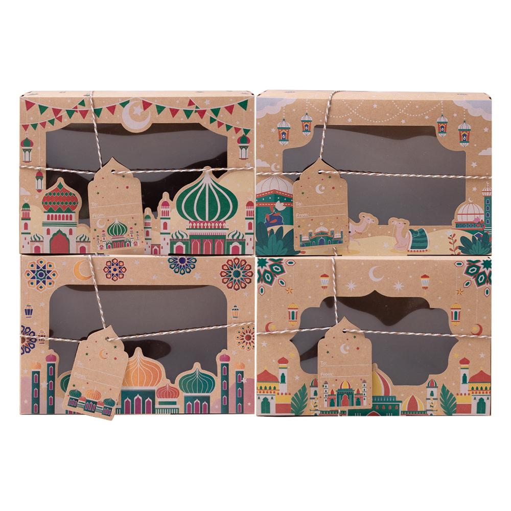 

4 шт. Подарочные коробки из крафт-бумаги на Ид с окошком, Упаковочная коробка для подарка Ramadan Mubarak, Декор Ramadan Kareem 2025, Ислам, Мусульманский 22x15x7CM