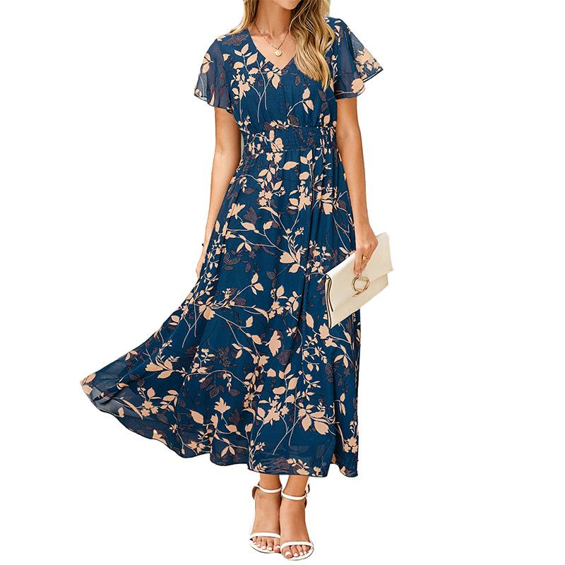 European and American Women's Clothing Summer New Short-sleeved Printed Chiffon Dress Waist Elegant Long Dress
