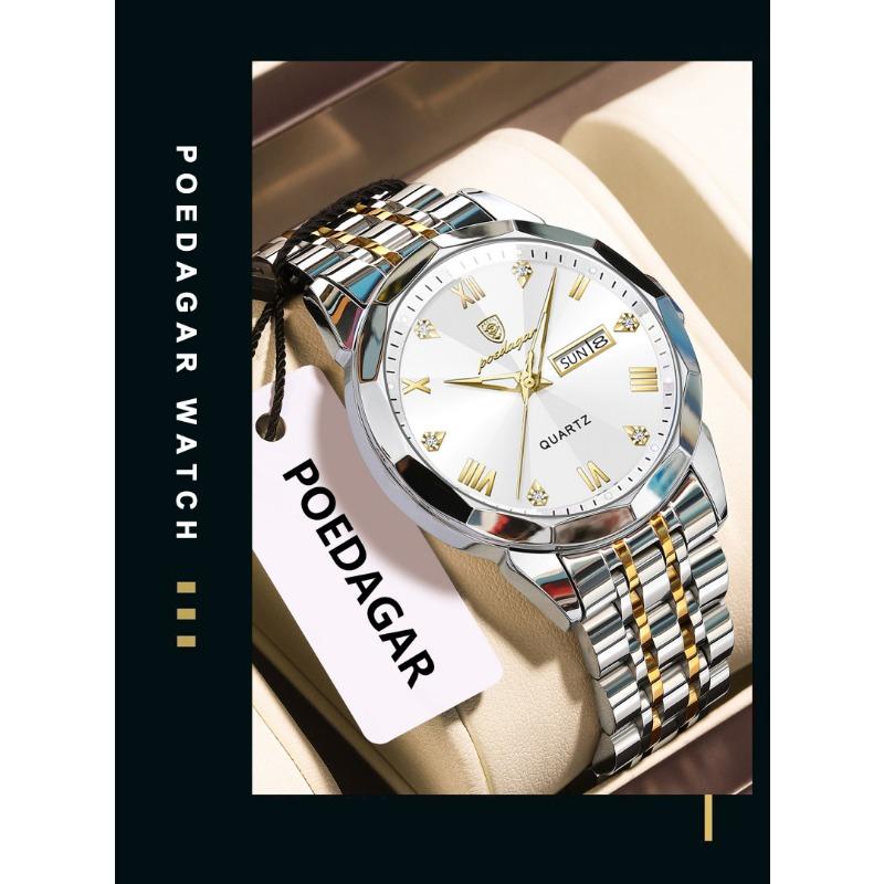 POEDAGAR Orologio da uomo di lusso originale impermeabile luminoso con data settimana acciaio inossidabile quarzo moda