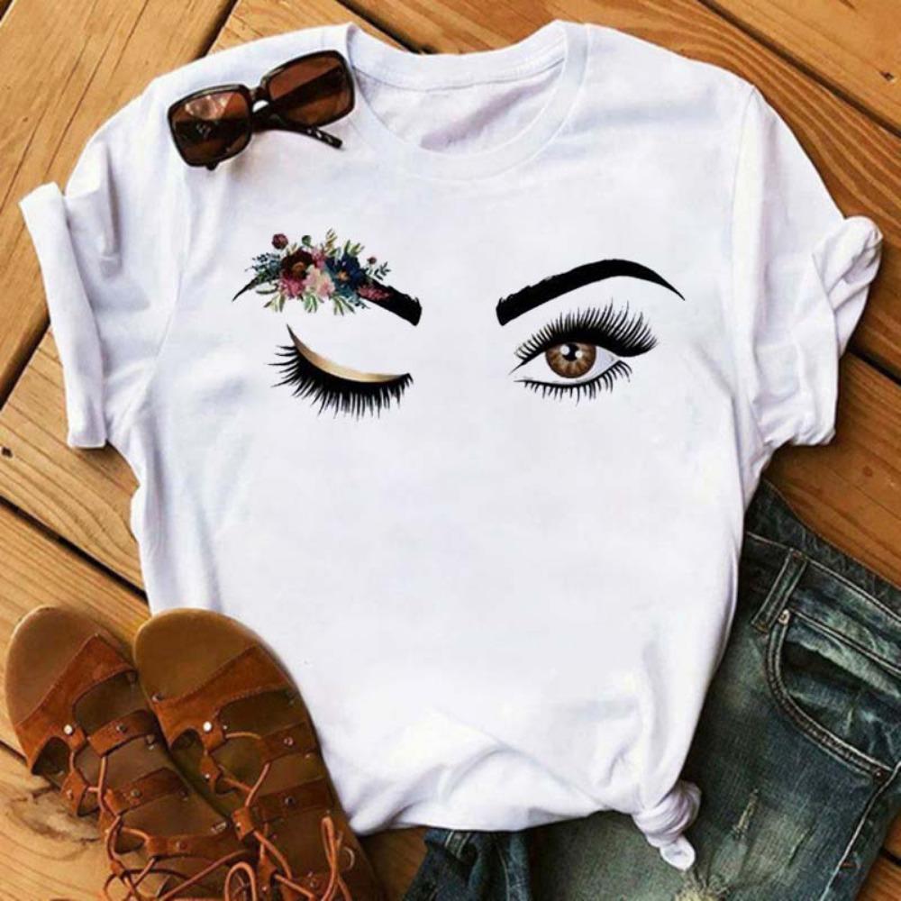 

Maycaur Fashion Graphic Women Tops Eyelashes Print Kawaii Lashes Women T-Shirt Tee Смішний макіяж Естетична сорочка Camisas Mujer S