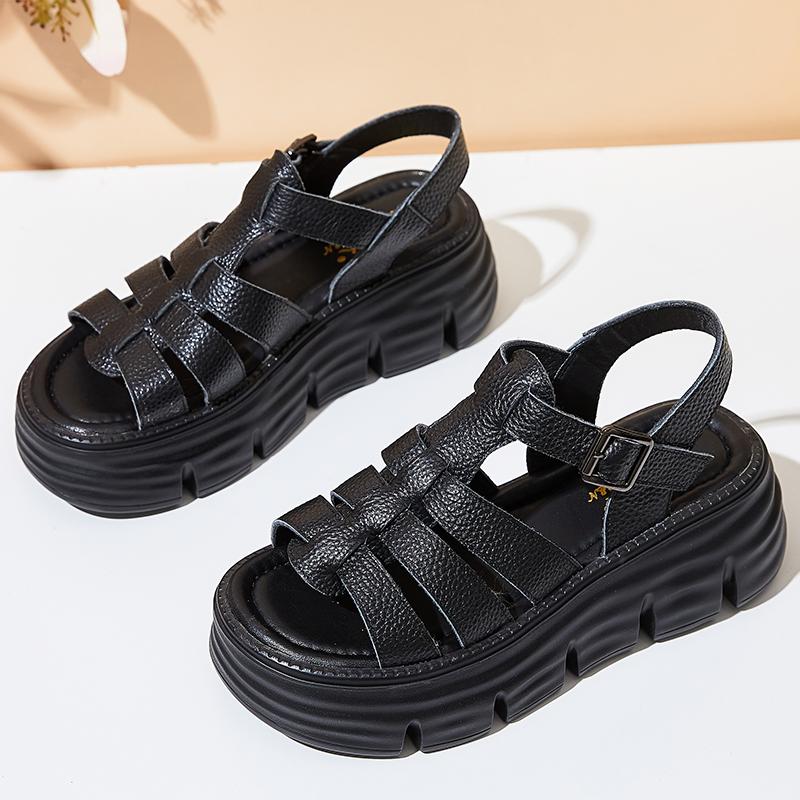 Fashion GKTINOO 6cm New Women Sandals Buckle Slides Cow Genuine Leather Summer Fashion Platform Wedge Luxury Females Comfy Ladies Shoes