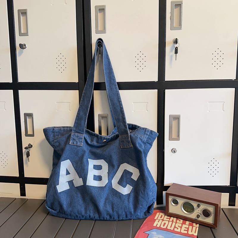 Large Capacity Denim Bag Female Letter Tote Bag Student Shoulder Bag