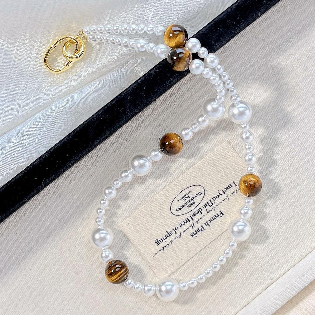 High Quality Cold White Artificial Crystal Pearl Natural Tiger S Eye Stone Necklace Clavicle Chain