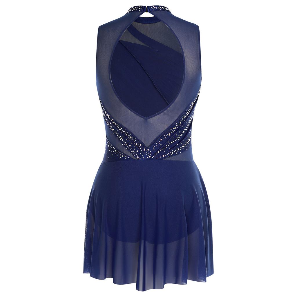 Womens Gymnastics Artistic Figure Skating Ballet Lyrical Dance Leotards Dress Rhinestones Built -In Crotch Buttons Briefs Dress
