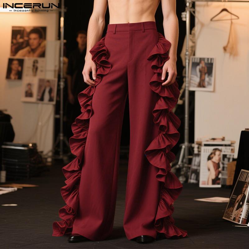 INCERUN S-5XL Pánské kalhoty s vysokým pasem, volánovými vrstvami na straně, ležérní, dlouhé