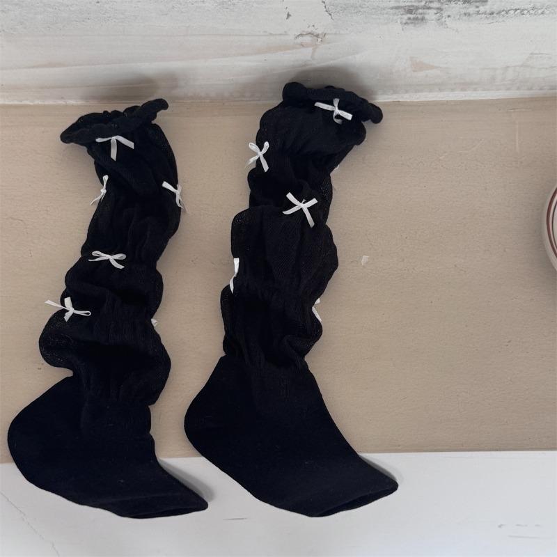 

Носки с плиссировкой и бантом, летние тонкие дышащие носки до середины икры для горячей девушки, милые носки 1 pair чёрный