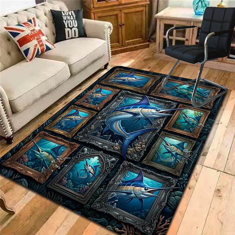 Marlin Fish Art Collection Pattern Rug Floor Mat for Living Room or Bedroom Soft and Comfortable Carpet a Gift for Birthday and Holiday.