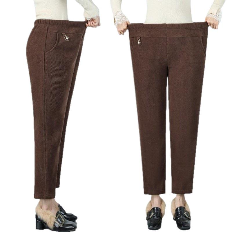High-Waisted Corduroy Mom Pants with Velvet, Plus Size, for Middle-Aged & Elderly Women, Loose Straight-Leg Cropped Fit