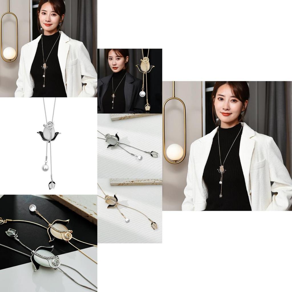 Elegante Koreanische Lange Halskette Mit Tulpen Katzenaugenstein Blumenanhänger Ideal Für Wintermode