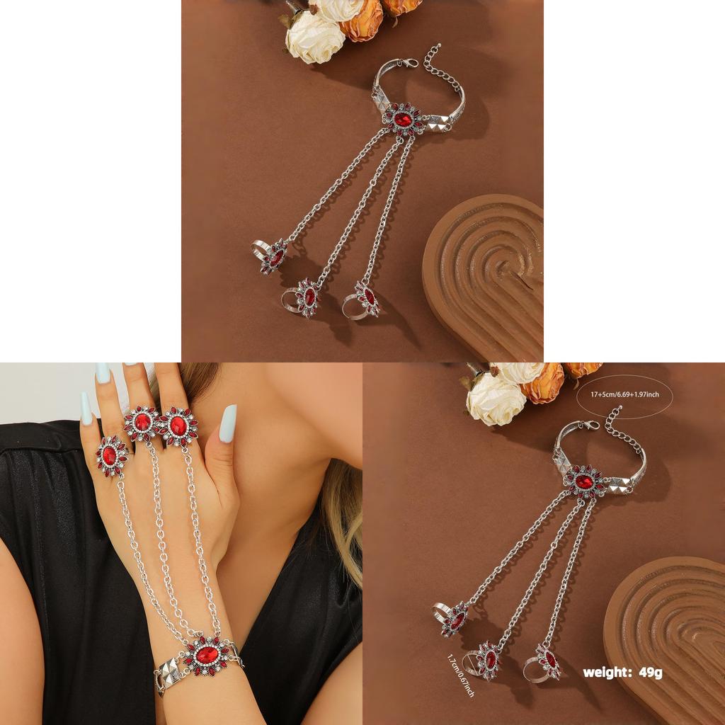 Retro Boho Style Alloy Water Drilled Flower Ring Hand Chain For Gift
