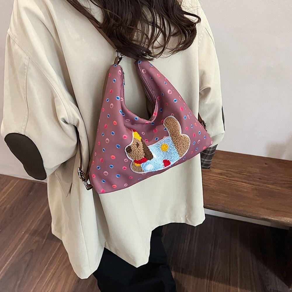 Korean Style Puppy Embroidery Shoulder Bag Y2k Cartoon Handbag Sweet Polka Dot Tote Bag Girls