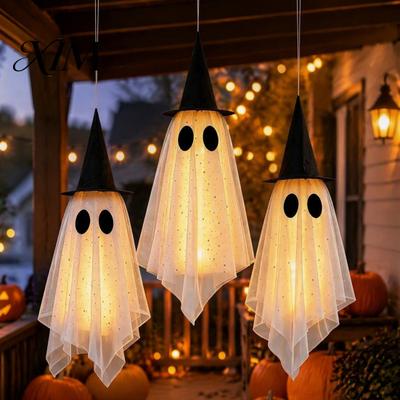 Weather Resistant Outdoor Ghosts 3 Pcs Halloween Hanging Ghost Decoration, Spooky Large Mesh Porch Festive Accents with Witch Hat for Porch,