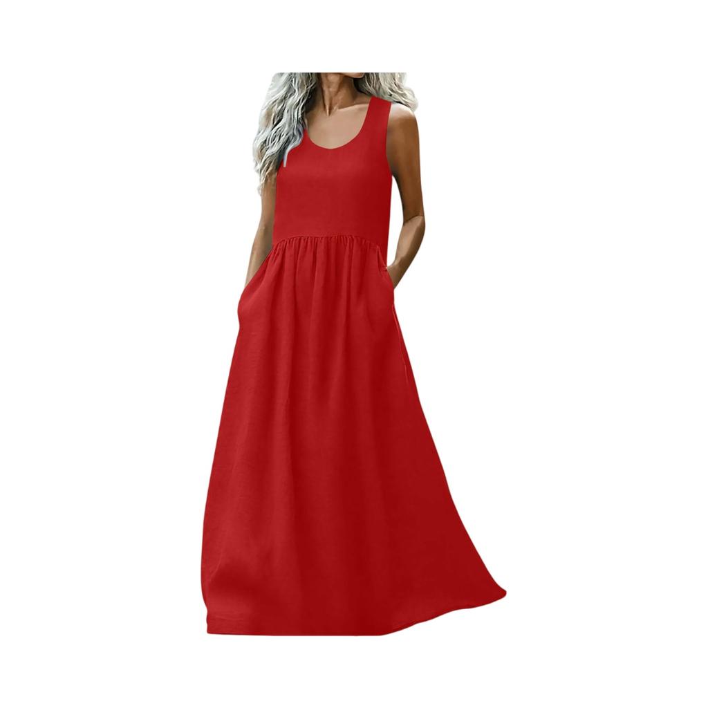 Dresses For Women Summer R-Neck Casual Sleeveless A Line Maxi Dress With Pockets