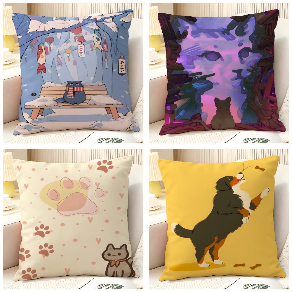 Cute Animal Floral Decorations 2 Pillow Case Natural Linen Pillow Case Double-Sided Decor Sofa Pillowcase Home Decor