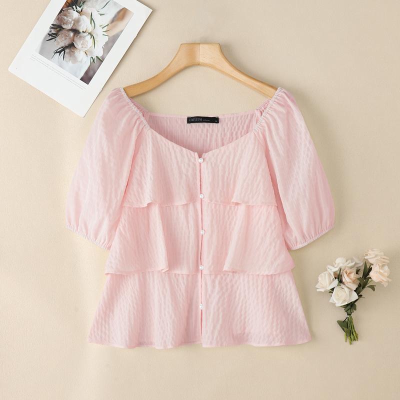 

ZANZEA Women Casual Square Neck Summer Short Sleeve Loose Blouse 3XL розовый