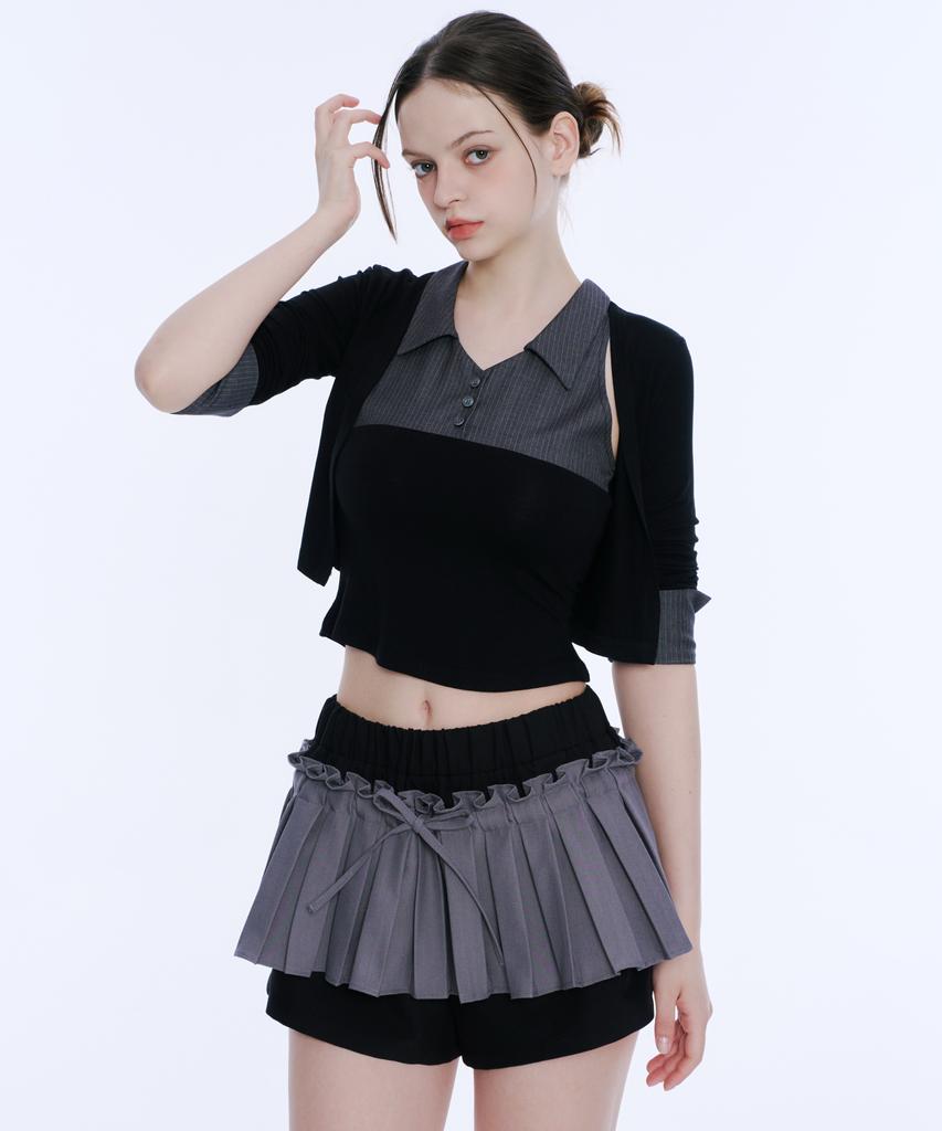 Akeumeseodeu Frill Pleated Skirt Pants (Gray & Black)