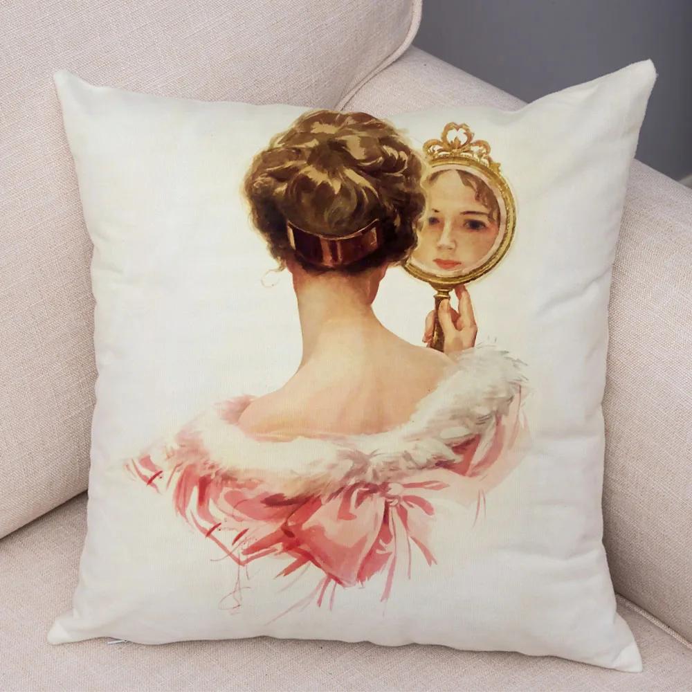 European Lady Cushion Cover Decor Vintage Style Elegant Women Print Pillowcase for Sofa Home Car Soft Plush Pillow Case 45x45cm