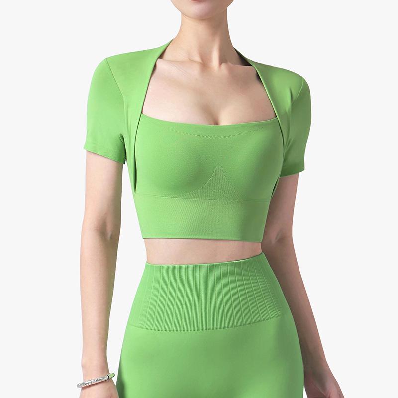

Женский летний фитнес-топ кросс-бордер: Ощущение обнаженности, Чашка с подкладкой, Облегающий топ с коротким рукавом для йоги M 95-110 lbs зелёный