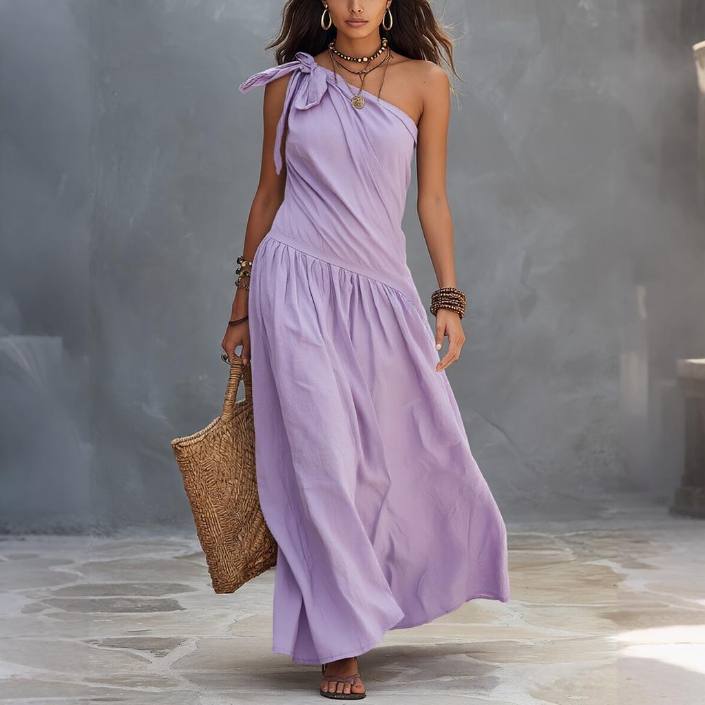 Women One Shoulder Dress Sleeveless Maxi Dress Asymmetric Hem Casual Summer Dress with Ruffle Detail and Tie Strap