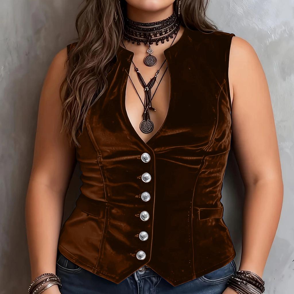 Women's Plus Size Velvet V-Neck Button Sleeveless Blouse