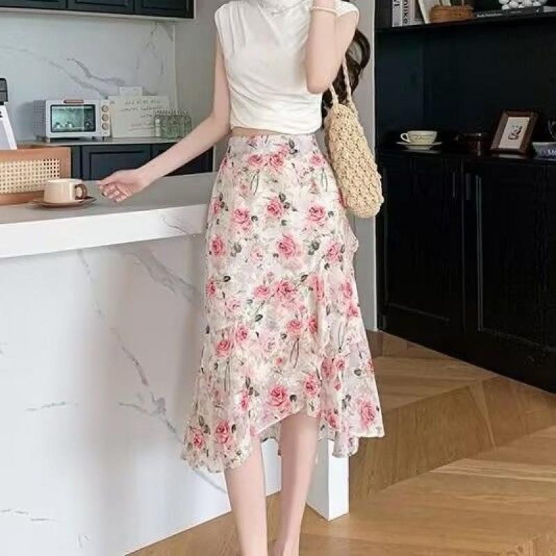 Women High Waist Floral Midi Skirt Chiffon Irregular Ruffle Hem Mermaid Skirt Plus Size Summer Casual Flared Skirt Source Factory Supply