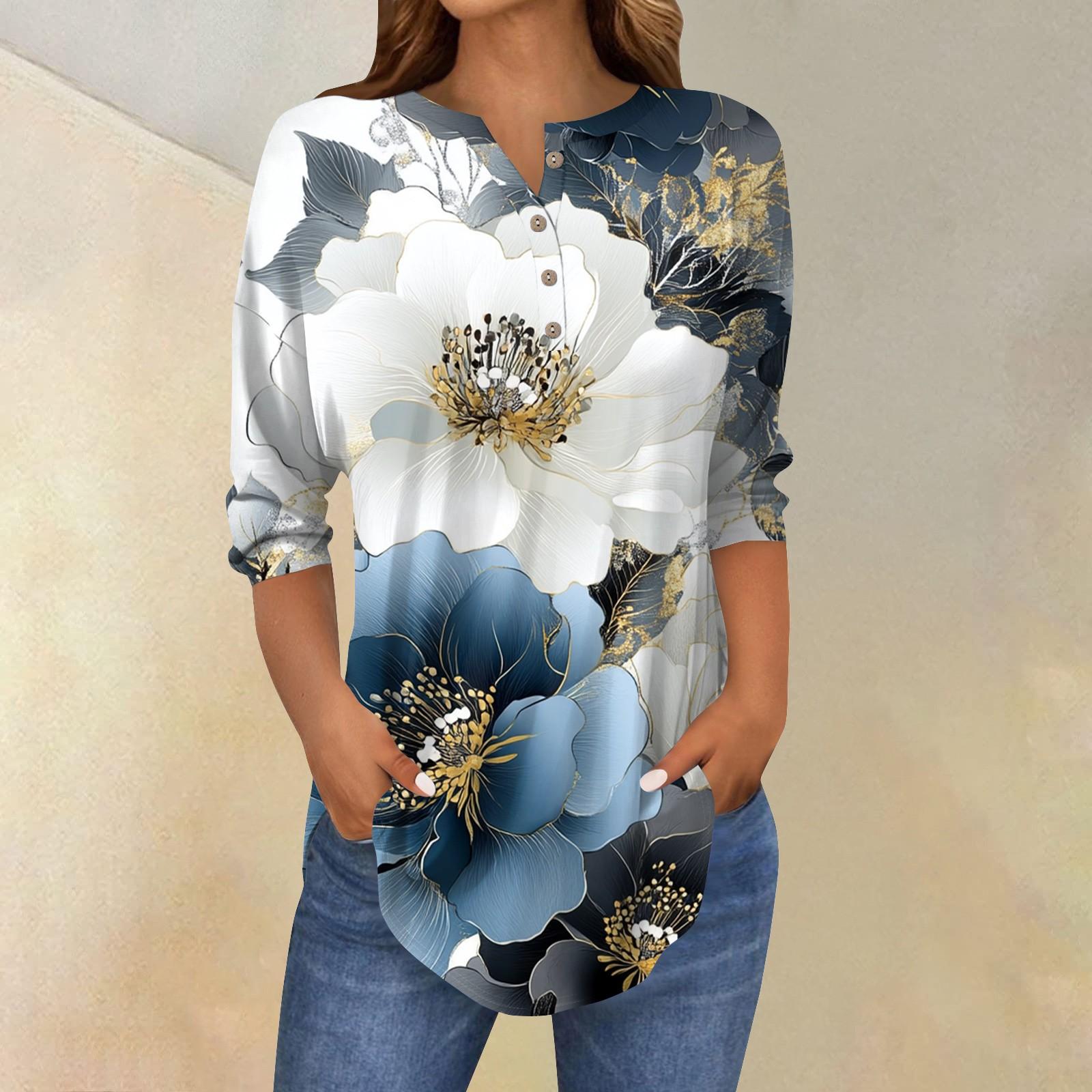 Women s Fashion Loose Button Collar Print 3/43/4  Sleeve T-Shirt Tops Pullover L