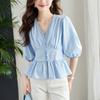 Blue V-neck Shirt for Women Short-sleeved Summer New Short-sleeved Top Design Shirt