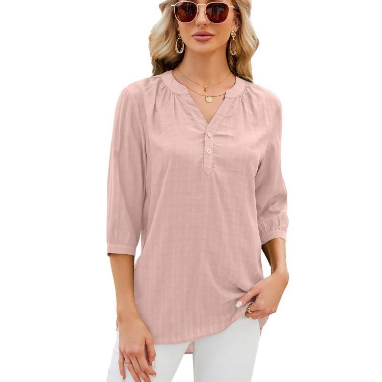 Summer Casual V Neck Top Loose Half Sleeve Solid Color Women S розовый