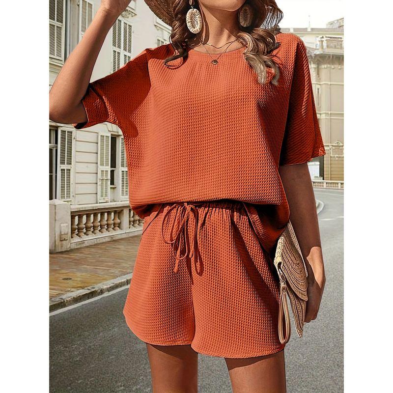 round Neck T-shirt Loose Shorts Set Pure Color Crew Neck T-shirt Loose Shorts Suit